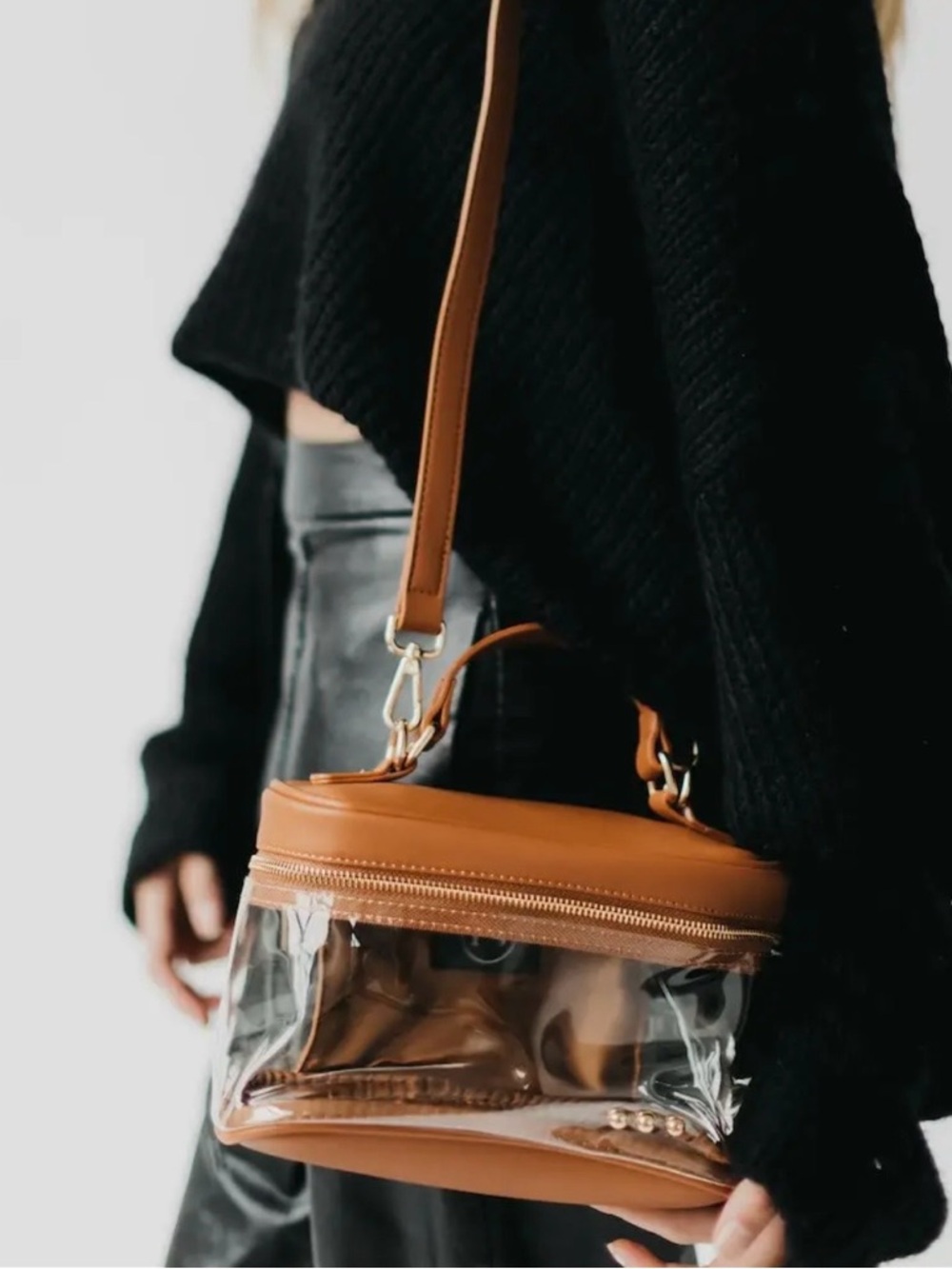 Tan Clear Panel Crossbody Bag with Adjustable Strap